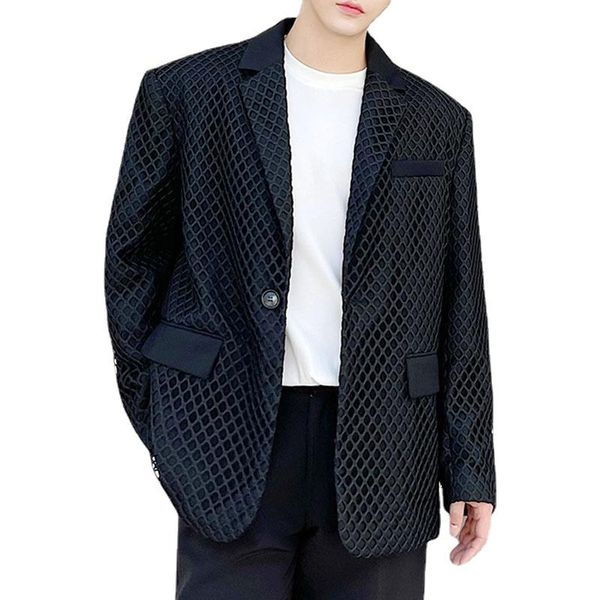

men's suits & blazers mesh splice loose casual vintage suit jacket men streetwear fashion dress coat man office blazer jackets, White;black