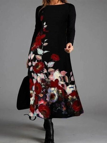 

casual dresses spring autumn long sleeve maxi floral dress for fashion women o-neck black a-line 4xl ladies robe vestidos, Black;gray