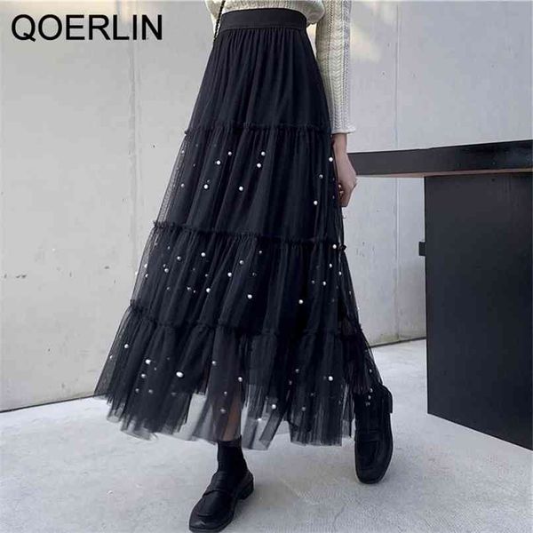 

girly high waist ruffle mesh skirt women chic a-line beaded mid-length tulle apricot black long s 210601