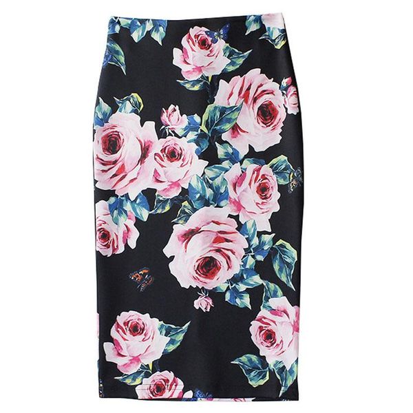 

skirts rose flower print skirt for women elegant casual slim bodycom pencil, Black