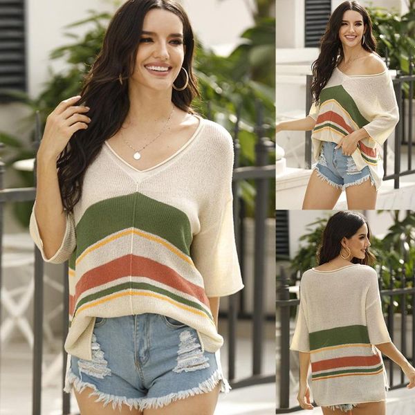 

women's sweaters women autumn v neck half sleeve color block knitted sweater loose pullover female winter outwear, White;black