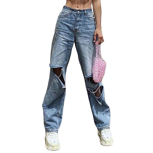 

high waist jeans women streetwear straight jean loose destroyed hole denim mopping pants casual vintage wide leg trousers women's, Blue