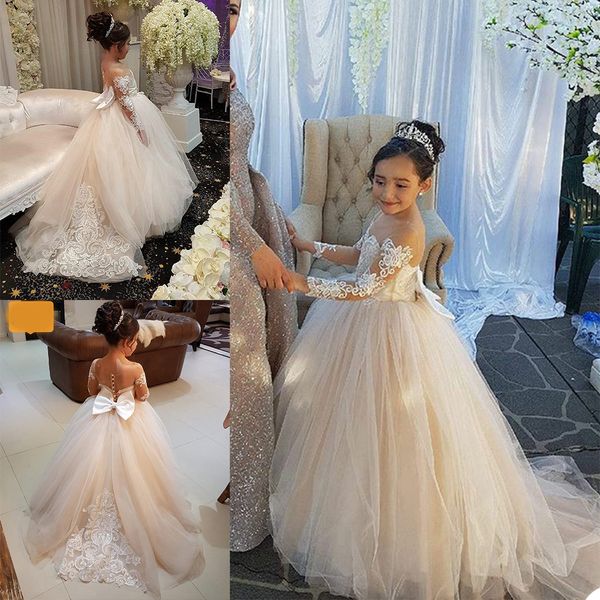 

cute flower girls dress sheer neck long sleeve ball gown lace appliques children birthday party dresses, White;blue