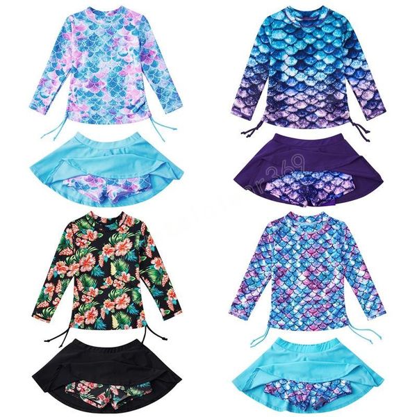 

children two-pieces swim kids fish scale long sleeve shorts skirts swimwear summer fashion boutique baby girls mermaid swimsuit, Blue