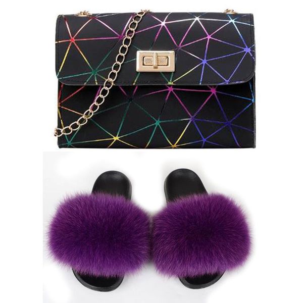 

summer extra fluffy sandals and handbags real fur soft slides bags women shoes comfortable furry slippers purse sets, Black