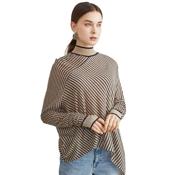 

women's sweaters round neck irregular hem sweater 2021 autumn and winter striped stitched loose wool pullover women, White;black