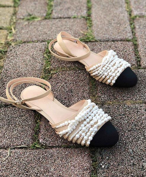 

women woman ladies genuine leather pearl flat heel shoes sandals, Black