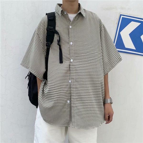 

men's casual shirts 2021 summer plaid short-sleeved black shirt men japanese loose handsome fashion lazy style coat oversized, White;black