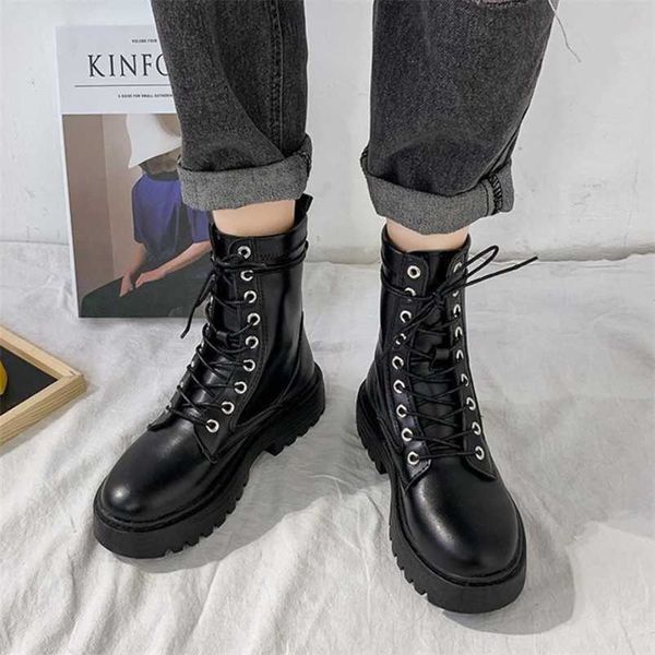 

lucyever fashion black lace-up motorcycle boots women autumn round toe med heels short botas mujer comfy non-slip platform boots 211103
