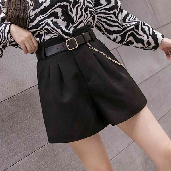 

spring high waist wide leg womens shorts fashion loose autumn solid bottom casual pocket short with chain, White;black
