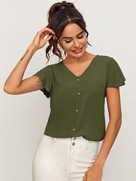 

flutter sleeve pearl beaded blouse x2qs#, White