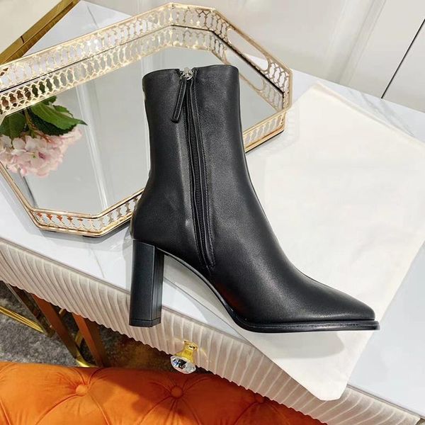 

boots 2021 shaduo women genuine leather round toe heels ankle with zipper design, Black