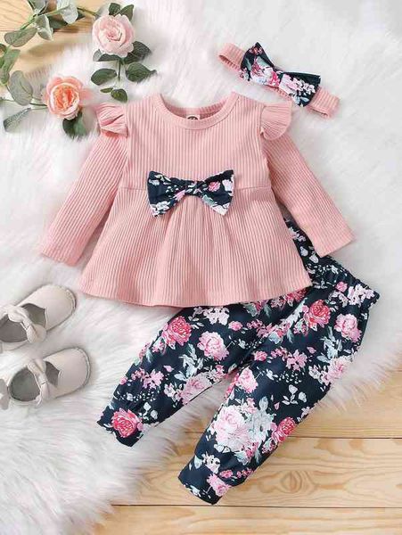 

baby floral print bow ruffle trim & joggers & headband she, Blue