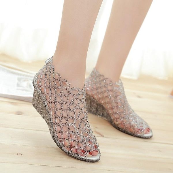 

dress shoes fashion fish mouth sandals wedge with thick crystal jelly high-heeled hollow beach women's shoes., Black