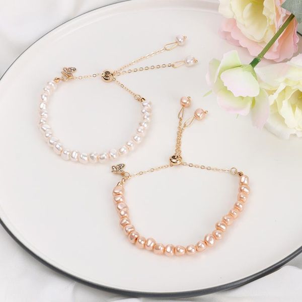 

link, chain 14k gold filled natural irregular pearl bracelet butterfly charm adjustable bangle women wedding jewelry gift, Black