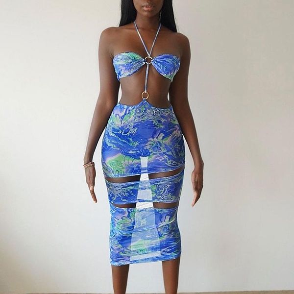 

casual dresses hirigin women summer 2021 bodycon beach sleeveless slim elegant club party dress tie dye mesh see through, Black;gray