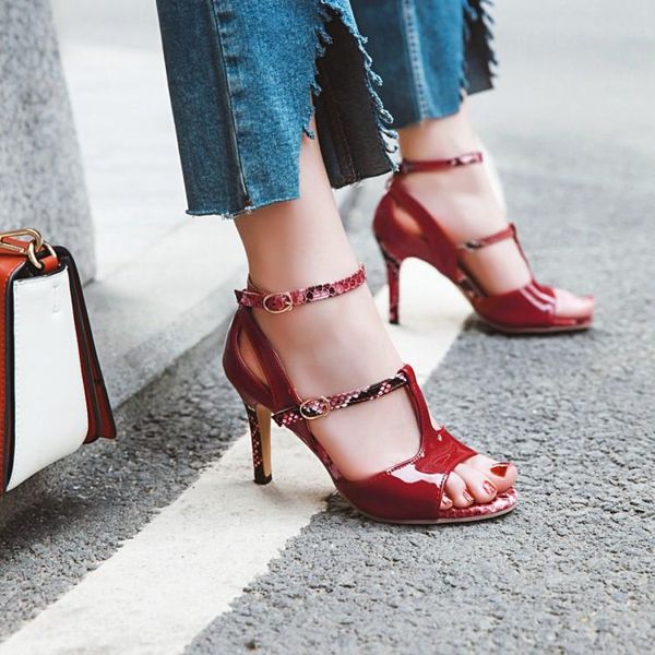 

dress shoes pxelena european stiletto thin high heels sandals ladies t tied open toe patent leather women party office plus size, Black