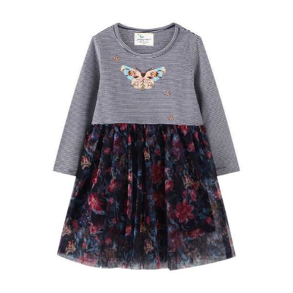 

jumping meters autumn stripe butterfly long sleeve girls dress clothes round neck children net-yarn grey casual dresses 2-7years g1026, Red;yellow