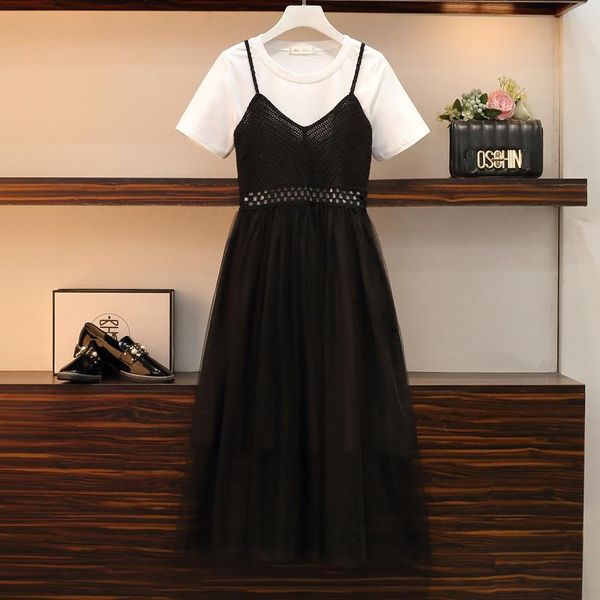 

plus size tracksuits women's suits summer sweet white t-shirt blouse short black strap mesh dress set elegant ladies two piece outfits