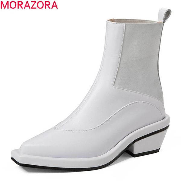 

boots morazora 2021 genuine leather thick heels square toe fashion ladies shoes autumn winter black white ankle for woman