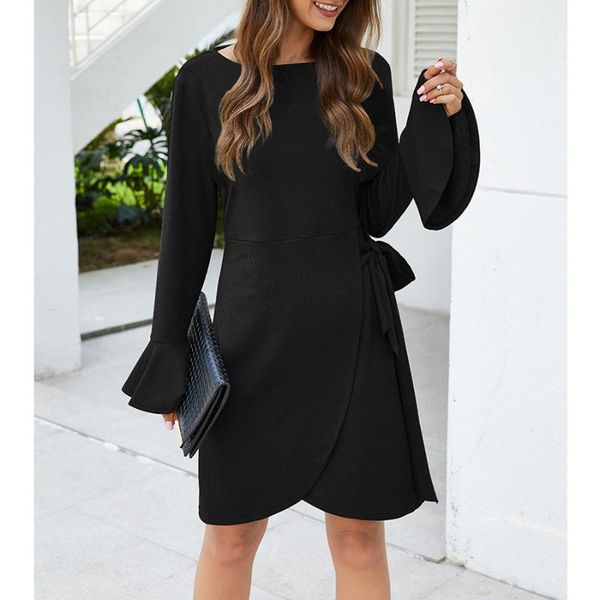 

casual dresses four colors elegant office lady women autumn winter england style solid o-neck flare sleeve bud short dress, Black;gray