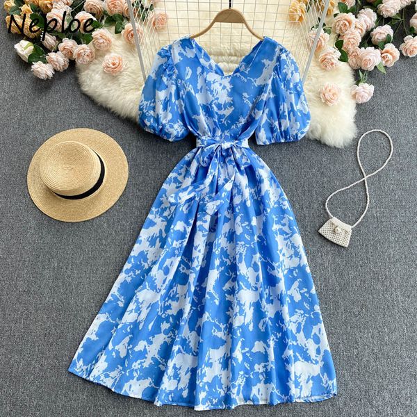 

kuzuwata holiday bohemian print dress women high waist hip a line slim vestidos v neck short sleeve summer robe 210510, Black;gray