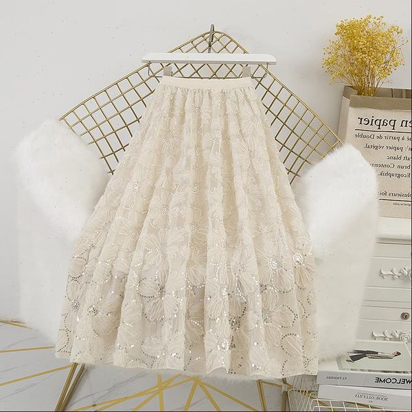 

sequined floral lace elastic womens skirt high waist long midi a line mesh patchwork loose casual vintage harajuku x998, Black
