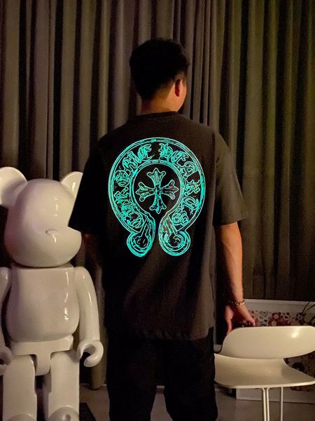 

croosin summer new luminous sanskrit cross printed short t-shirt men's ins fashion brand cotton loose half sleeve, White;black