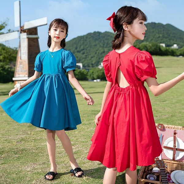 

girl's dresses 2021 girls dress summer casual puff sleeve backless kids princess party children clothing, Red;yellow