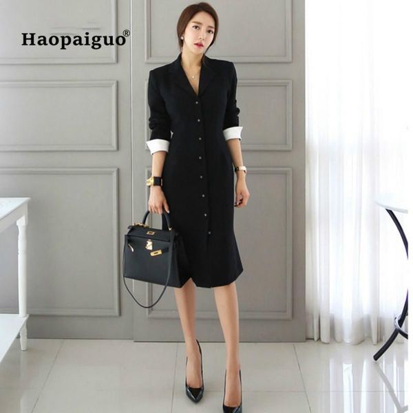 

casual dresses women solid pencil dress 201 autumn black full sleeve notched knee-length korean vintage work suit office ladies, Black;gray