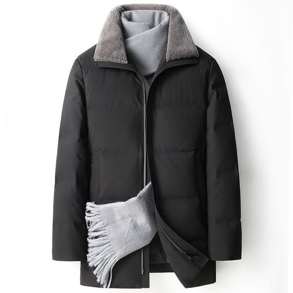 

winter wool lapel men's thick medium length down jacket warm downs coat for youth large size 2193, Black