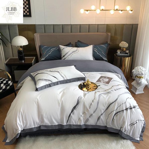 

bedding sets luxury white/gray 600tc egyptian cotton embroidery set marbling duvet cover flat/fitted sheet pillowcases home textiles