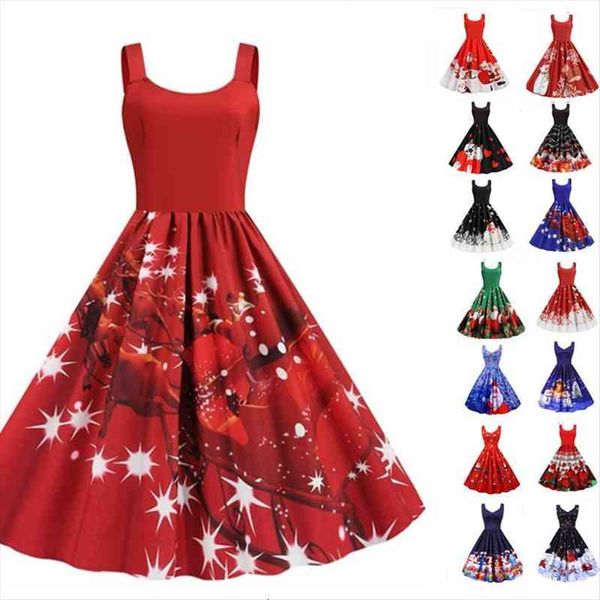 

winter christmas spaghetti strap womens dress vintage midi party vestidos robe femme santa snowflake print xmas clothes, Black;gray