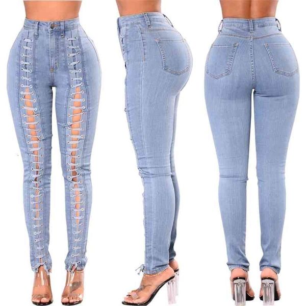 

women's pants & capris high waist skinny front lace up jeans women bottom ladies hollow out pencil denim trousers q78e, Black;white