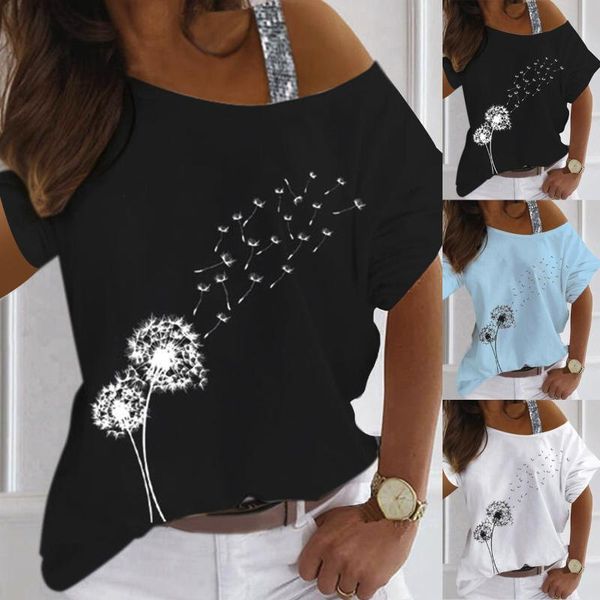 

women's fashion print loose shoulder casual short sleeve t-shirt blusas 2021, White