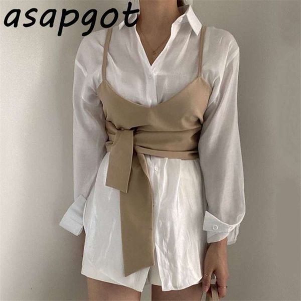 

short bow camisole autumn chic korean casual lapel blouse single-breasted gloss loose long-sleeved shirt retro 210929, White