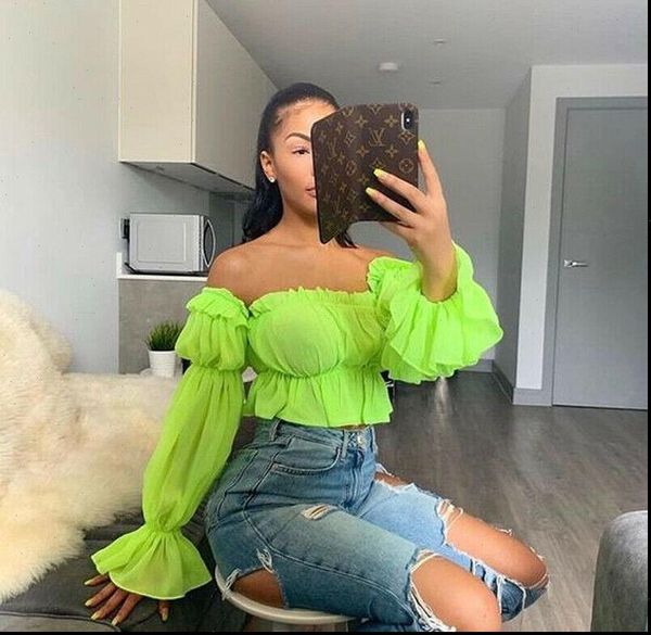 

fashion solid chiffon long womens blouses petal sleeve loose ruffle casual slash neck blouse short corp, White