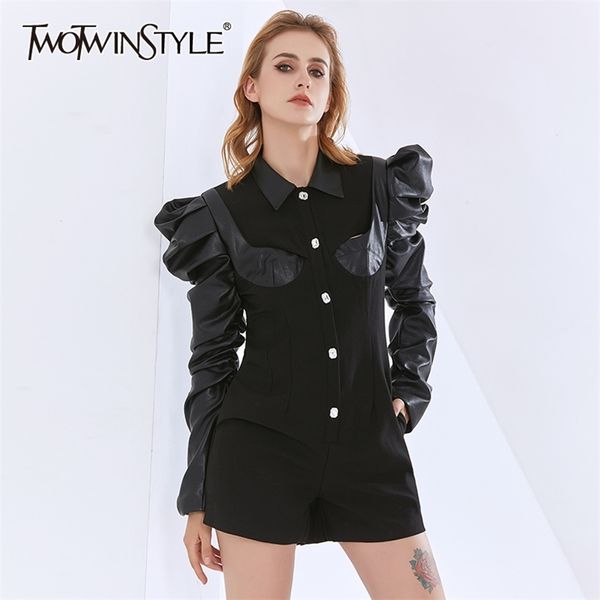 

black jumpsuit for women lapel puff long sleeve patchwork pu leather high waist mini jumpsuits female clothing 210520, Black;gray
