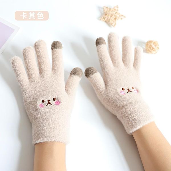 

five fingers gloves cute fashion warm women winter plus cashmere embroidery hello bear student touch screen, Blue;gray