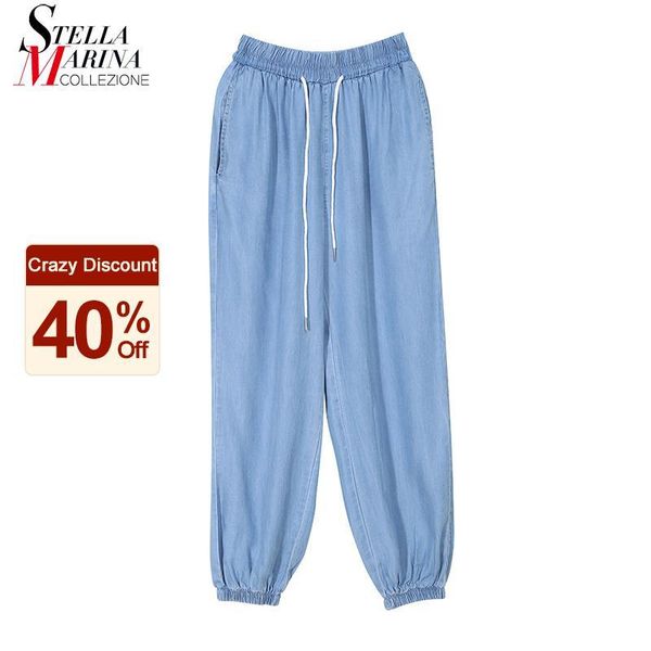 

* calf length elastic waist woman summer light blue long pencil pants & drawstring girls casual jean trousers streetwear mj531 women's, Black;white