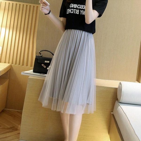 

skirts summer mesh women skirt mid-length plus size lace thin pleated solid high waist korean fashion ladies faldas a215, Black