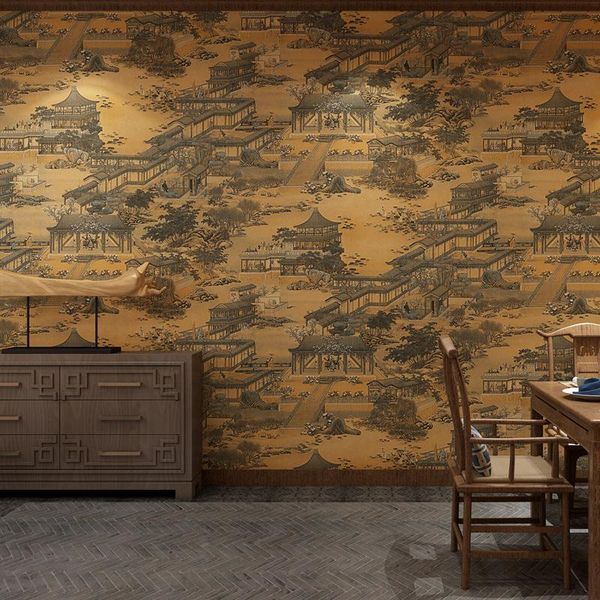 

wallpapers chinese classical qingming riverside wallpaper wind study teahouse pvc waterproof printing w83