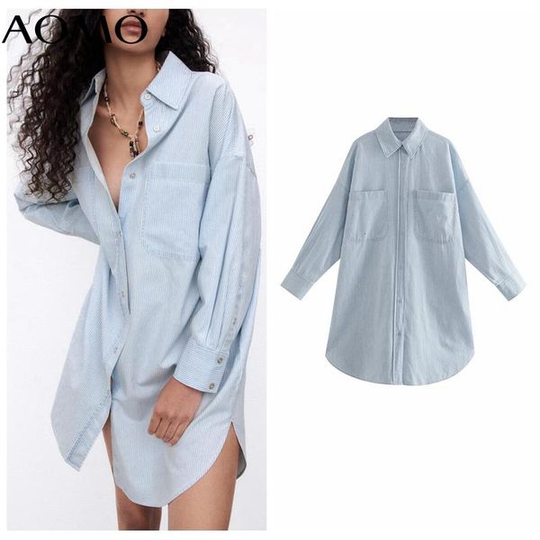 

casual dresses aomo 2021 fashion women pocket striped print oversized shirt dress vintage long sleeve ladies midi je149a, Black;gray