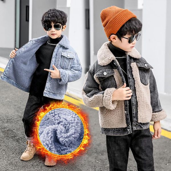 

jackets winter autumn children boys jean jacket kids coat warm outerwear polar fleece patchwork denim windbreaker 5 6 8 10 12 14 years, Blue;gray