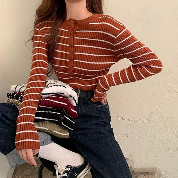 

women's sweaters 2021 pull femme women knitted long sleeve stripe pullover buttons slim jumper sweater winter clothes knittsweater, White;black