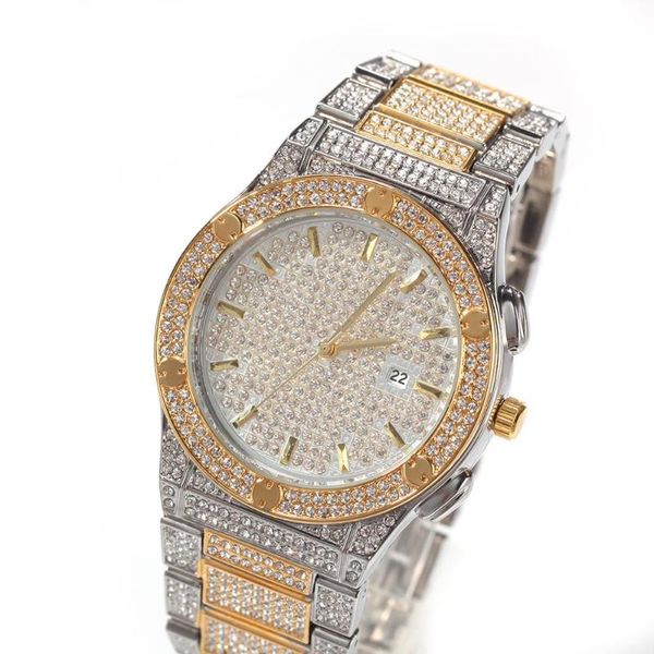 

silver and gold watch mens calendar with full diamond watches analog water resistant man gift box wristwatches, Slivery;brown