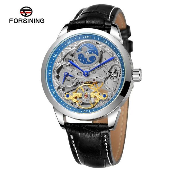 

wristwatches forsining 2021 brand men skeleton automatic mechanical watch leather strap moon phase tourbillon waterproof clock relogio, Slivery;brown
