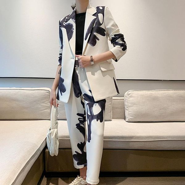 

women's two piece pants 2021 autumn and winter elegant temperament ink style one button suit + high waist straight casual trousers, White