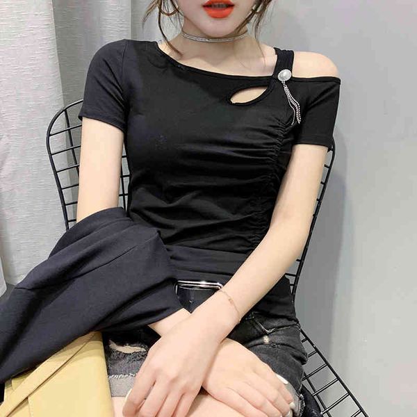 

women's t-shirt summer korean clothes t-shirt fashion off shoulder dissymmetry women ropa mujer cotton short sleeve tees, White