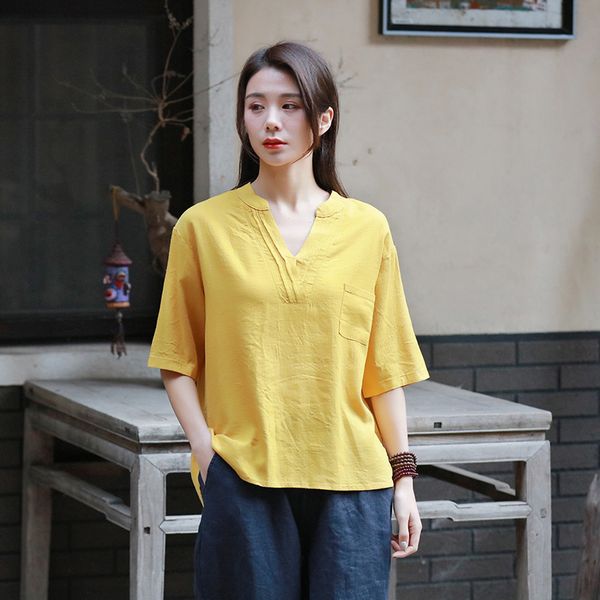 

johnature irregular t-shirts for women solid color cotton linen spring v-neck short sleeve loose women cloths t-shirt 210521, White
